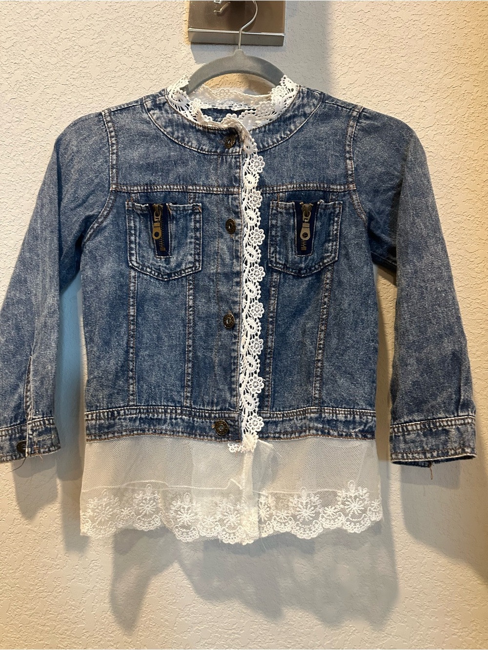Girls Blue Denim Lace-Trim Jacket